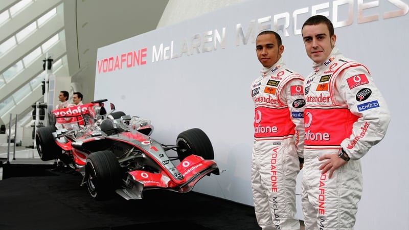 Fernando Alonso (R) alongside McLaren Mercedes team mate Lewis Hamilton in 2007