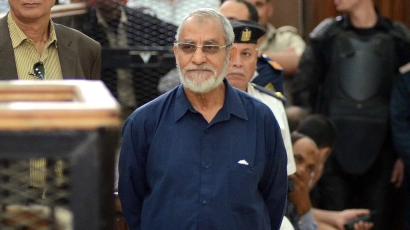 Mohamed Badie is pictured standing trial in Cairo last year