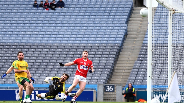 Cork's Brian Hurley finds the net against Donegal during their football league clash at Croke Park, Dublin