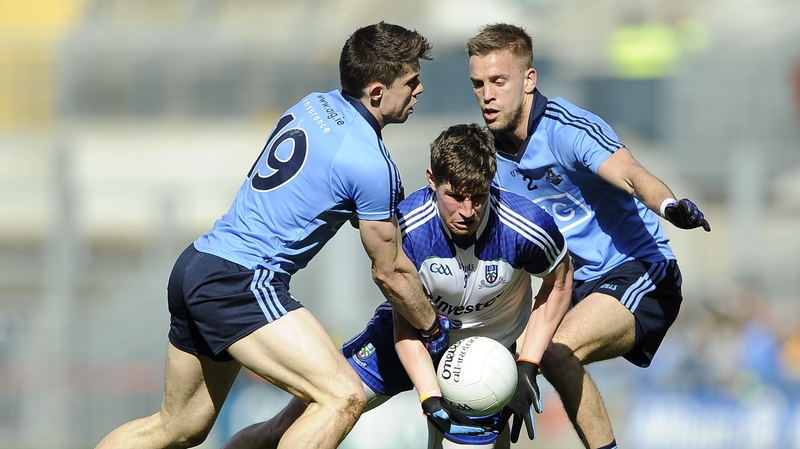 Monaghan’s Darren Hughes is surrounded by David Byrne and Johnny Cooper of Dublin