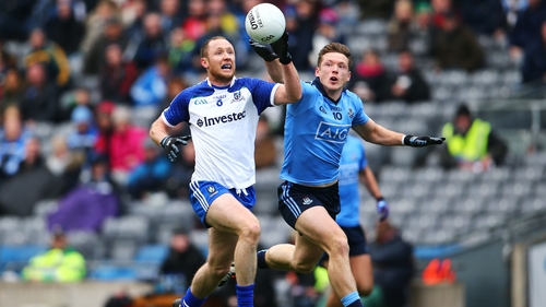 Monaghan's Vinny Corey and Paul Flynn of Dublin battle for the ball
