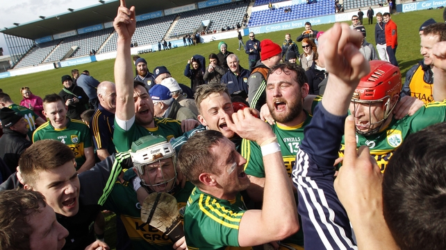 Kerry's hurlers celebrate promotion to Division 1B of the hurling league after defeating Antrim at Parnell Park, Dublin