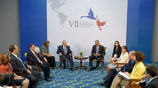 Barak Obama and Cuban President Raul Castro at the Western Hemisphere summit in Panama on Saturday