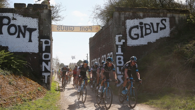 Geraint Thomas of Team SKY leads a group of riders during the 2015 Paris - Roubaix cycle race from Compiegne to Roubaix