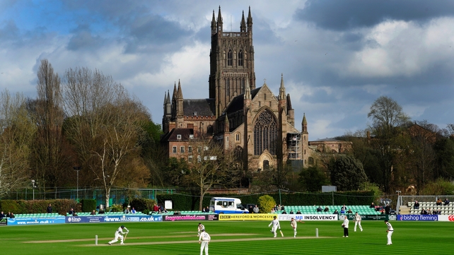Action in front of Worcester Cathedral during day one of the LV County Championship Division One match between Worcestershire and Yorkshire