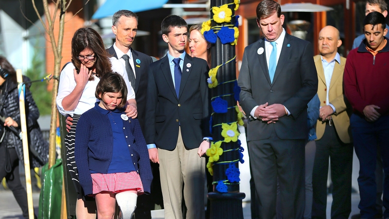 The Richard family are seen at the two year anniversary of the Boston Marathon bombings on 15 April