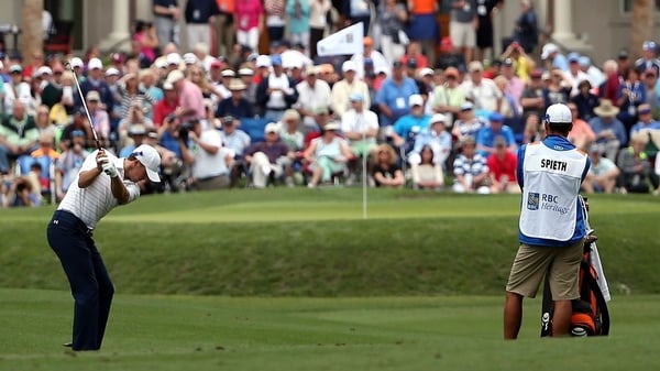 Jordan Spieth hits his second shot on the ninth hole during the second round of the RBC Heritage