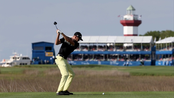 Troy Merritt tees off on the 18th hole during the third round of the RBC Heritage at Harbour Town Golf Links on Hilton Head Island in South Carolina