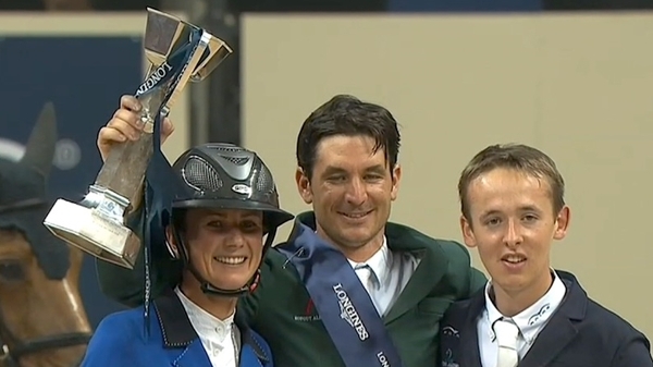 Bertram Allen (right) with winner Steve Guerdat (centre) and second-placed Penelope Leprevost