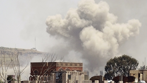 Smoke rises east of the Yemeni capital, Sanaa, following an alleged air strike by the Saudi-led alliance