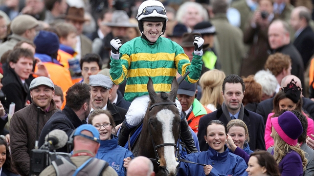 Tony McCoy celebrates his Gold Cup win on Synchronised in 2012