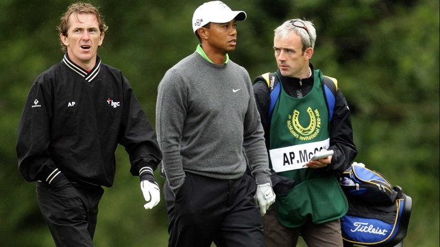 Tony McCoy, Tiger Woods and caddie Ruby Walsh at the JP McManus Invitational Pro-Am in 2010