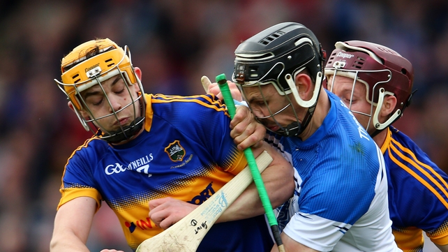Tipperary's Ronan Maher and Paddy Stapleton tackle Maurice Shanahan of Waterford during the Alliianz Hurling League semi-final on Sunday