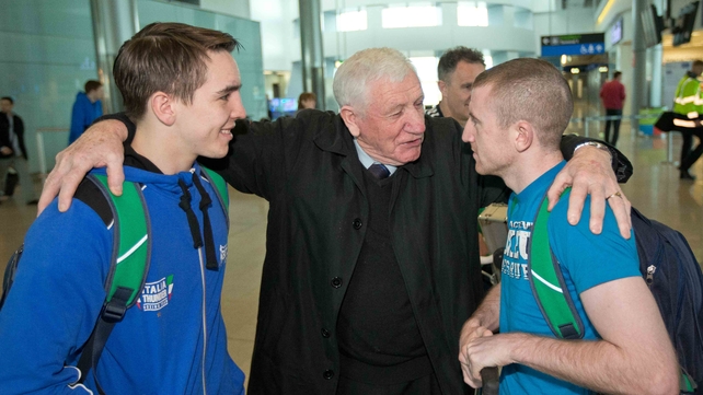 Michael Conlon and Paddy Barnes are welcomed back by IABA President Tommy Murphy after they qualified for the Rio 2016 Olympics after recording split and unanimous decisions in the WSB in Venezuela on Saturday