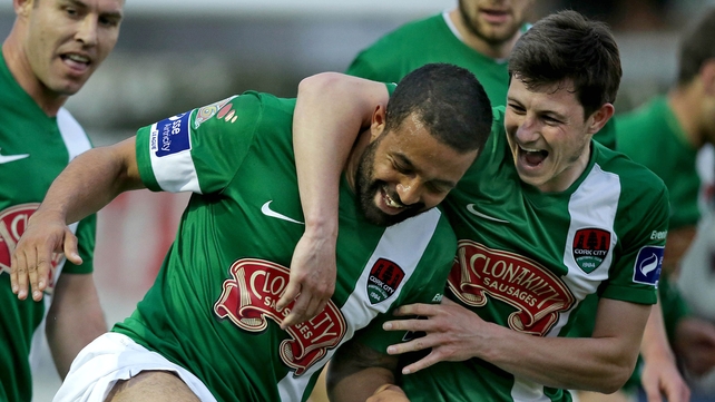 Cork City's John Kavanagh congratulates goalscorer Kieran Djilali during their game against Drogheda on Friday