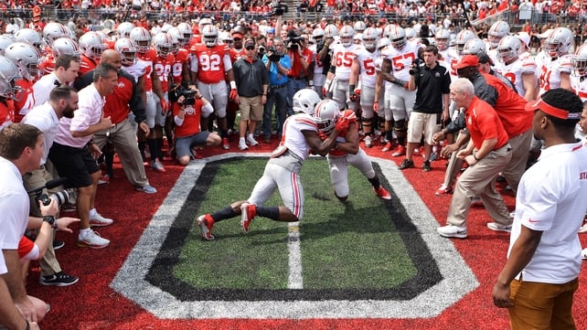 The Ohio State Buckeyes perform the Circle Drill at midfield before the start of their annual Ohio State Spring Game at Ohio Stadium on Saturday