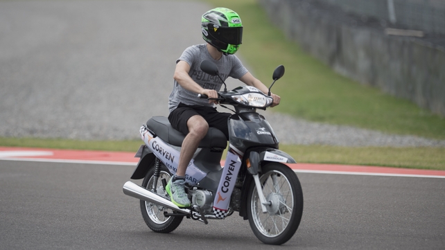 Eugene Laverty of Ireland and Aspar MotoGP Team rides the scooter on track during previews of the MotoGp of Argentina on Thursday