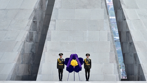 Soldiers stand guard in front of the Tsitsernakaberd Memorial in Yerevan
