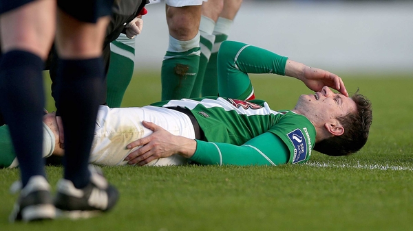 John Dunleavy lies in pain after sustaining the injury