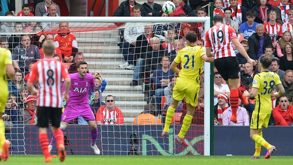 Southampton's Italian striker Graziano Pelle heads home his second goal