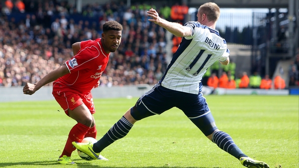 Liverpool winger Jordan Ibe takes on West Brom's Chris Brunt