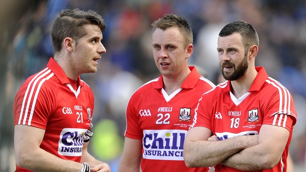 Cork’s Daniel Goulding, Paul Kerrigan and Noel Galvin dejected after league final defeat to Dublin