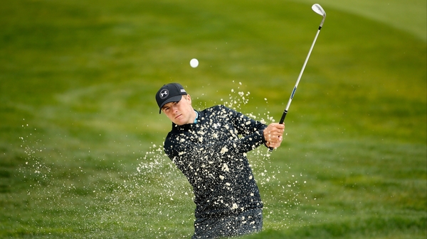 Jordan Spieth chips out of a sand trap during the pro-am at Harding Park