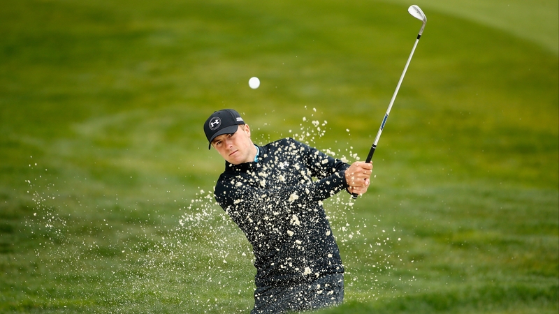 Jordan Spieth chips out of a sand trap during the pro-am at Harding Park
