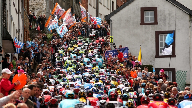 The peloton climb through the town of Houffalize during the 101st Liege-Bastogne-Liege