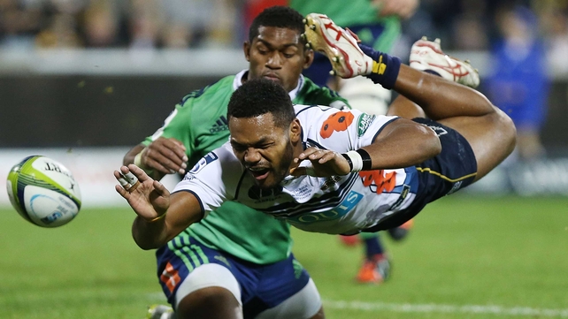 Henry Speight of the Brumbies drops the ball while attempting to score a try during their round 11 Super Rugby match at GIO Stadium