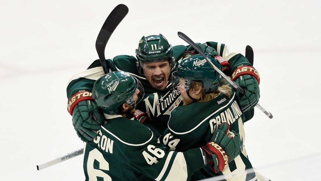 Zach Parise of the Minnesota Wild celebrates scoring a short-handed goal against the St Louis Blues during the first period in game six of the Western Conference quarter-finals during the 2015 NHL Stanley Cup