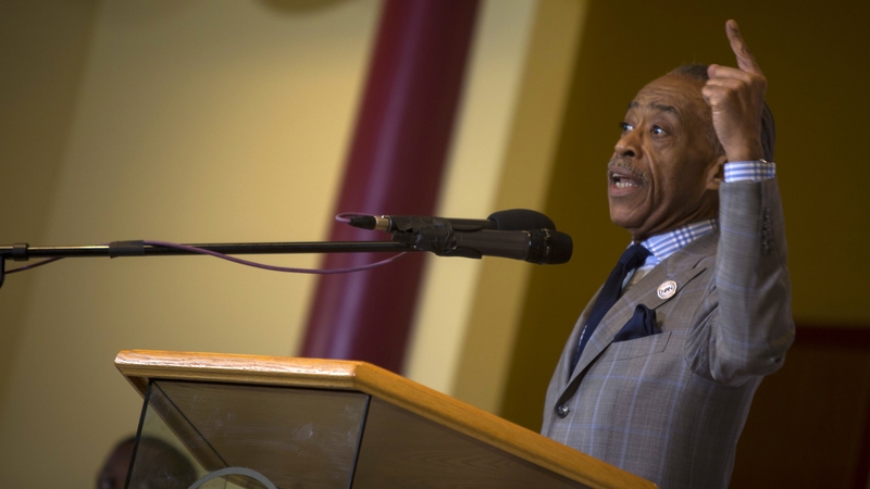 Reverend Al Sharpton speaks at New Shiloh Baptist Church in Baltimore, calling for an end to violence