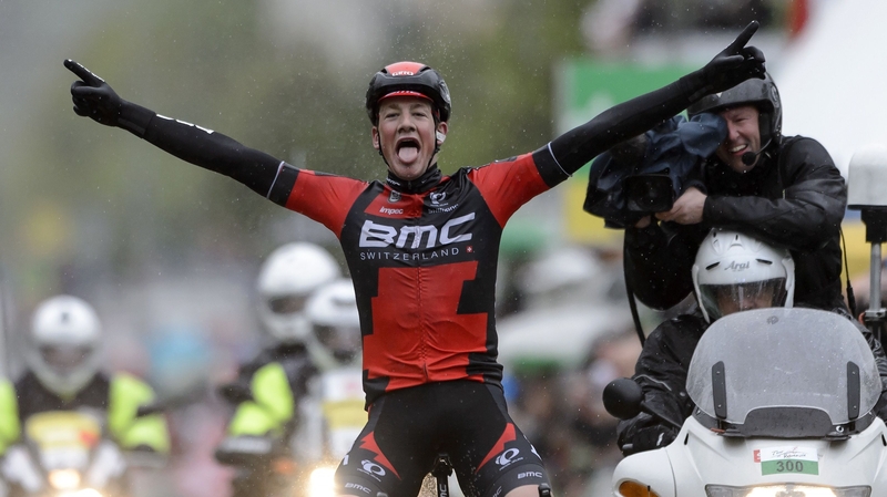 Stefan Kueng (BMC) celebrates after winning the third stage of the Tour de Romandie