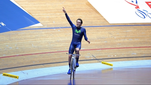 Alex Dowsett celebrates setting a new UCI Hour Record