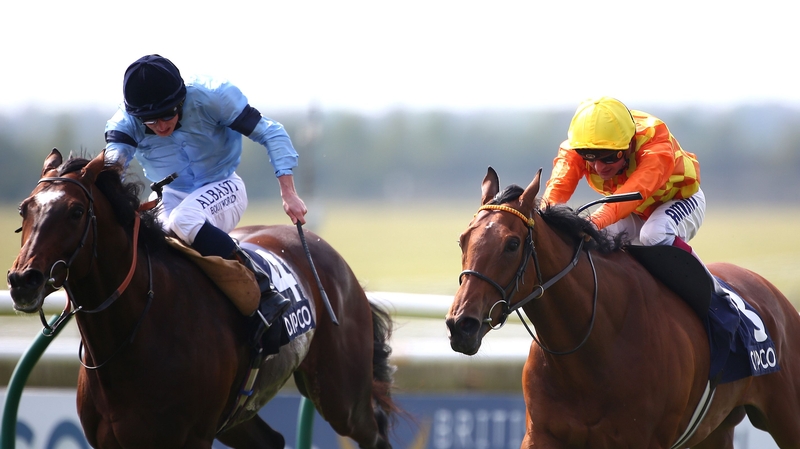 Andre Atzeni rides Second Step (R) to win The Dunaden at Overbury Jockey Club Stake ahead of Ryan More on Telescope (L)
