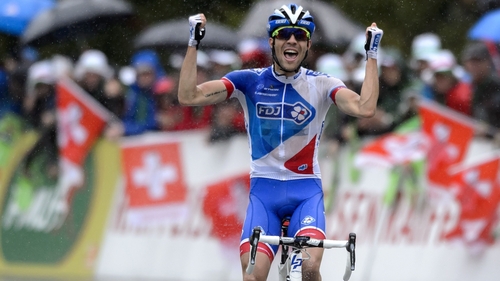 France's Thibaut Pinot, of FDJ cycling team, celebrates after winning the fifth stage of the Tour de Romandie