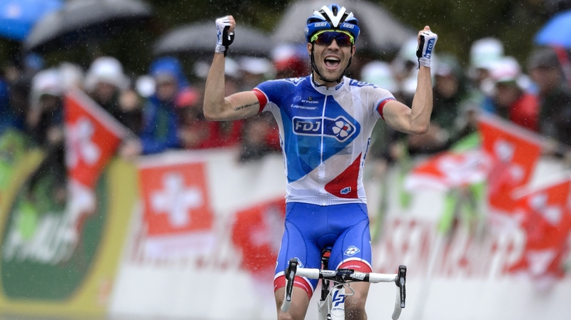 France's Thibaut Pinot, of FDJ cycling team, celebrates after winning the fifth stage of the Tour de Romandie