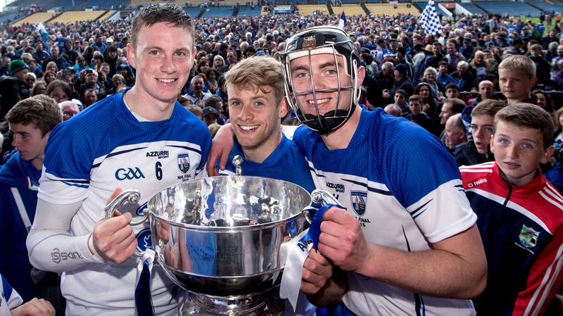 Waterford’s Austin Gleeson, Martin O’Neill and Pauric Mahony celebrate with the trophy