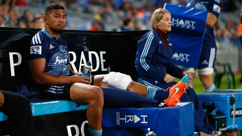 Charles Piutau of the Blues sits injured on the bench during the round 12 Super Rugby match between the Blues and the Force