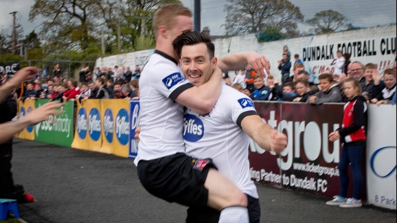 Dundalk Richie Towell is congratulated by Daryl Horgan