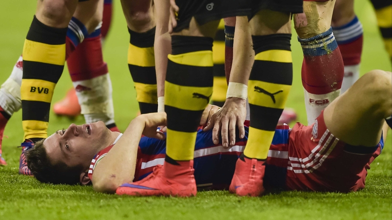Robert Lewandowski collided with Borussia Dortmund goalkeeper Mitch Langerak during the German Cup semi-final at the Allianz Arena