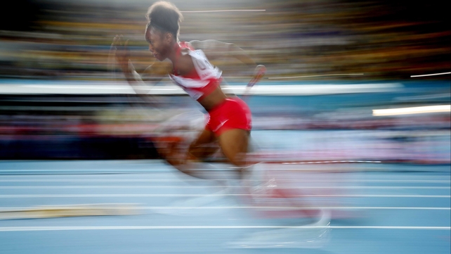 Tianna Bartoletta of the United States competes during the final of the womens 4x100m at the IAAF/BTC World Relays at Thomas Robinson Stadium in Nassau