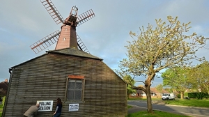 A polling station is prepared at the west Blatchington Windmill near Brighton in southern England