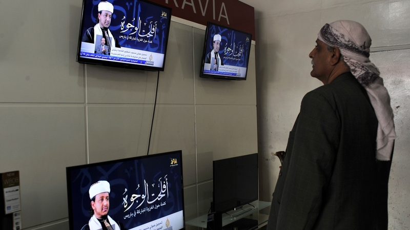 Nasser bin Ali al-Ansi pictured on the tv screens was killed with his son and other fighters
