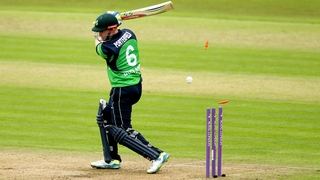 Ireland captain William Porterfield is bowled by England debutant Mark Wood