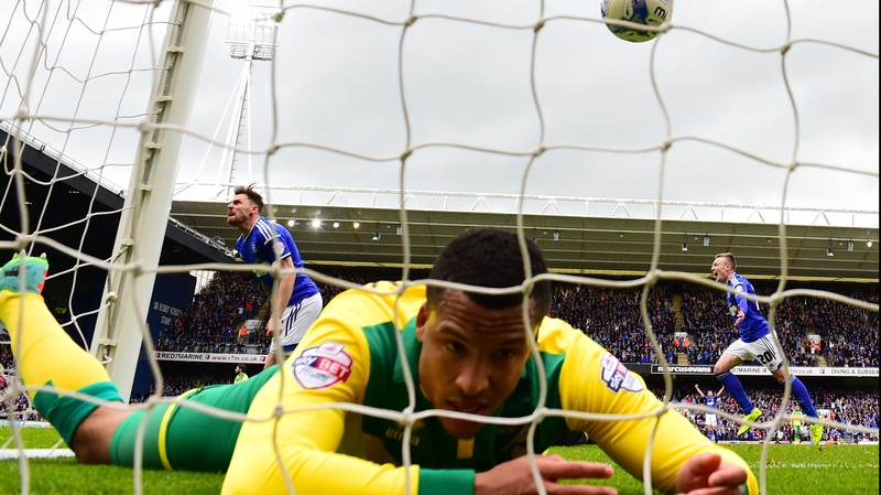 Ipswich players celebrate their equaliser with the tie evenly poised ahead of the second leg at Carrow Road