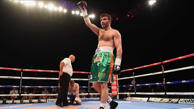 Matthew Macklin stands in victory after knocking out Sandor Micsko at Barclaycard Arena in Birmingham, England
