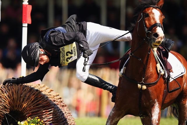 Niklas Bschorer of Germany riding TomTom Go 3 gets into difficulty at Badminton Horse Trials 2015