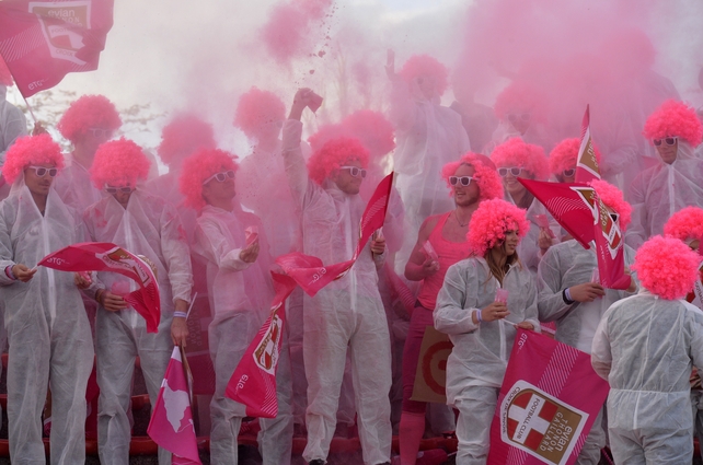 Evian's supporters cheer their team during the French L1 football match Evian against Reims