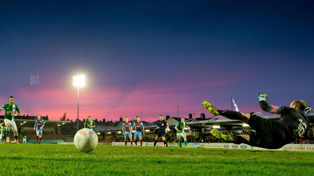 Cork's Billy Dennehy sends Drogheda goalkeeper Michael Schlingermann the wrong way to score from the penalty spot at Turner's Cross, Cork